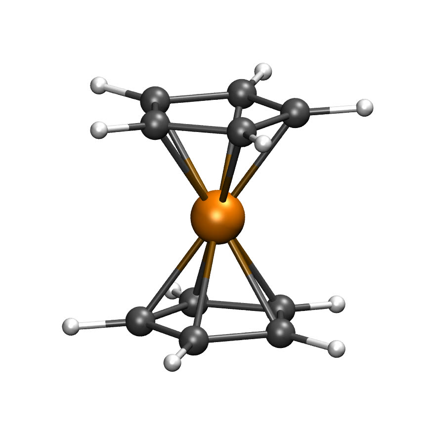 Ferrocene: an iron atom sandwiched between two cyclopentadienyl rings
