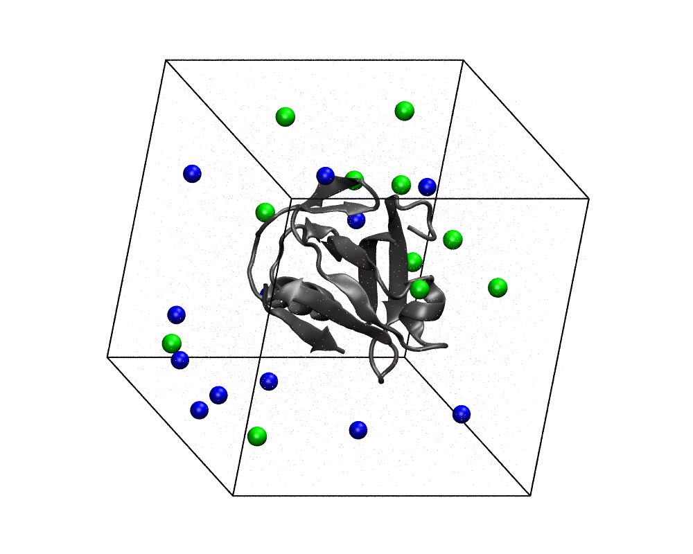 The solvated system: protein cartoon, water as points, Na⁺ blue and Cl⁻ green, the 5 nm box outlined